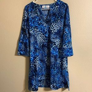 Bo & Nic blue animal print 3/4 sleeve shift dress L NWOT